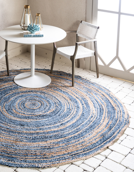 black floor rug Unique Loom Area Rugs Blue/Natural Hand Braided; 3x3