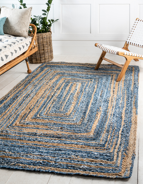 large rug Unique Loom Area Rugs Blue/Natural Hand Braided; 9x6