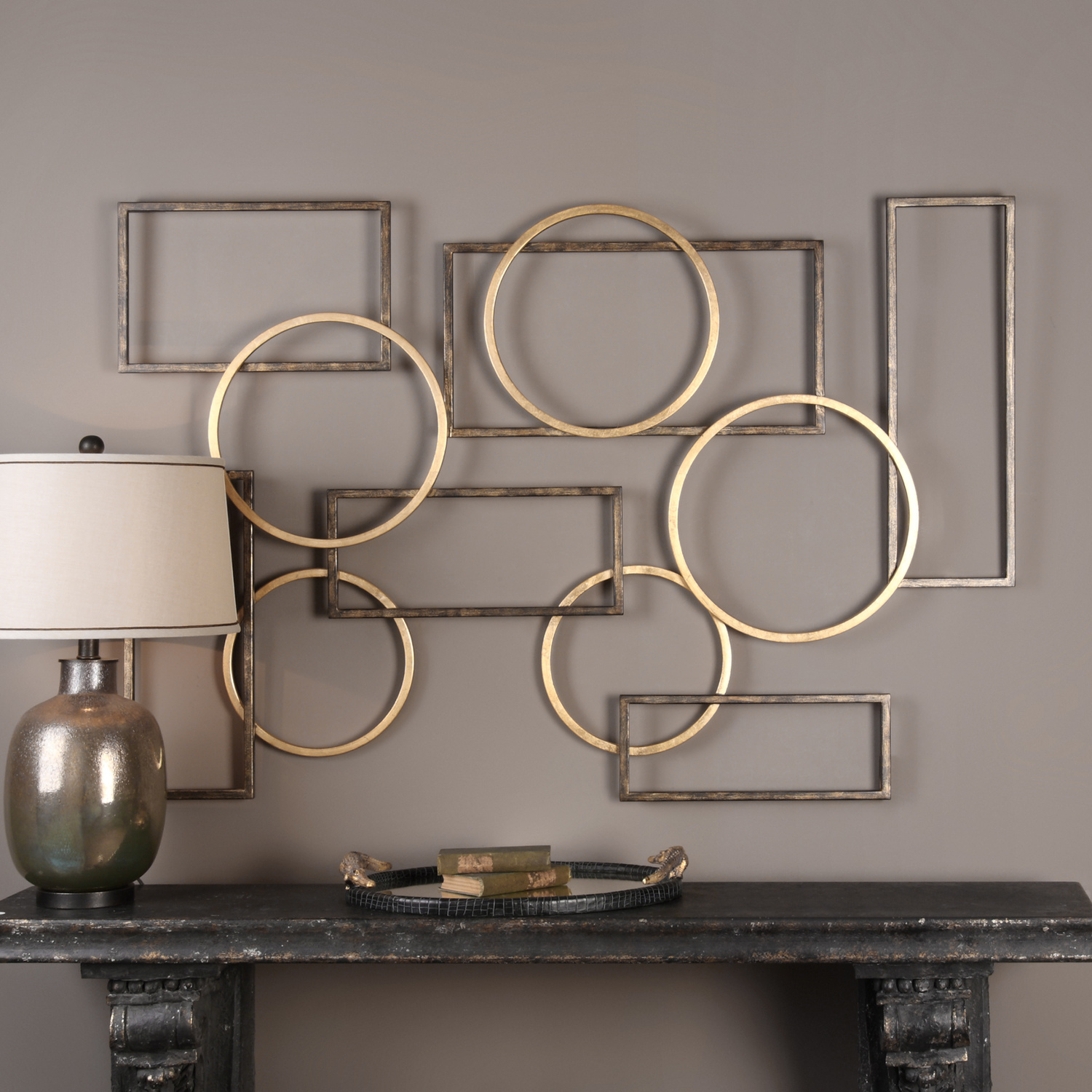 toscano wall sculptures Uttermost Metal Wall Art A Fun Combination Of Iron Circles And Rectangles In Rich Brushed Bronze And Gold Leaf.
