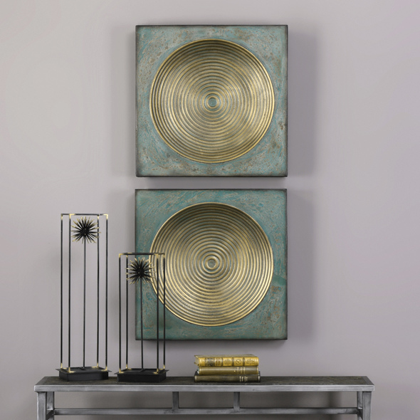 wall painting pictures Uttermost Wall Art Aged Iron Squares Featuring A Ribbed Concave Center In Antique Gold, Washed With A Heavy Patina Glaze Revealing Ivory Undertones.