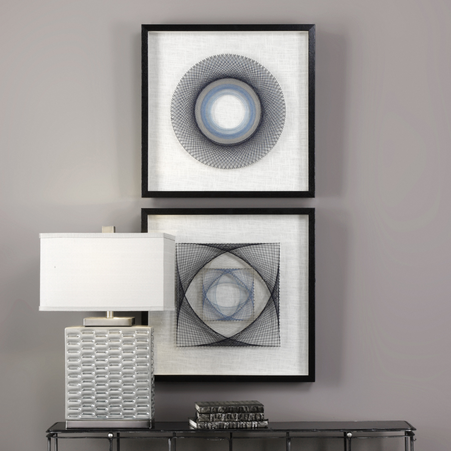 wall frieze art Uttermost Geometric Wall Art These Fun Shadow Boxes Feature Three Dimensional Layered String Art, Hand Threaded Around Individually Hammered Pin Nails In Easy Shades Of Blue, Over A Neutral Linen Backing With A Black Pine Frame.