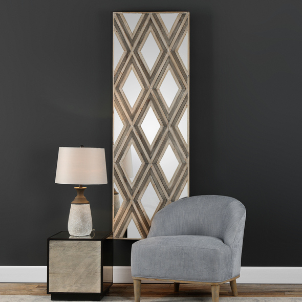 round wall mirror design Uttermost Wall Mirror An Updated Blend Of Casual And Contemporary With Mirrored Accents, Layered With Fir Veneers In A Geometric Argyle Pattern, Finished In Ivory And Chestnut Gray.
