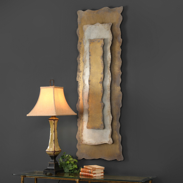 colourful framed wall art Uttermost Panels Heavily Oxidized Rough Cut Sheet Metal Layered To Create A Three Dimensional Panel In Tones Of Antique Bronze, Silver, And Gold.