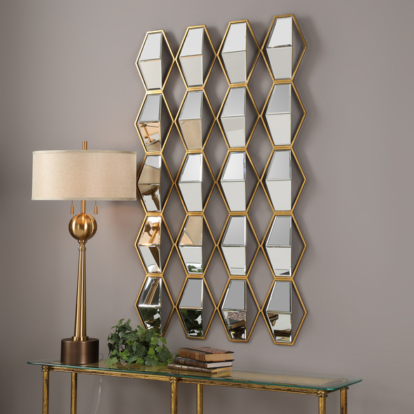 decorating around a round mirror Uttermost Mirrored Wall Art Petite Iron Frame Finished In Metallic Gold Leaf, Featuring Suspended Beveled Mirrors In A Three Dimensional Angled Profile.