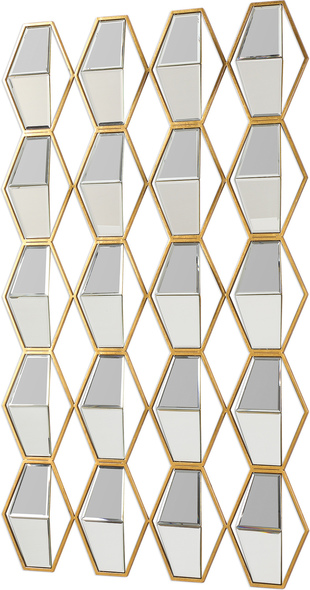 decorating around a round mirror Uttermost Mirrored Wall Art Petite Iron Frame Finished In Metallic Gold Leaf, Featuring Suspended Beveled Mirrors In A Three Dimensional Angled Profile.