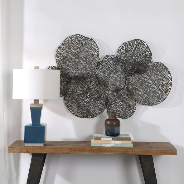 feature wall pictures Uttermost Metal Leaf Wall Art Resembling Layered Lotus Leaves, This Pierced Metal Wall Art Is Finished In A Rich Bronze With Gold And Patina Highlights.
