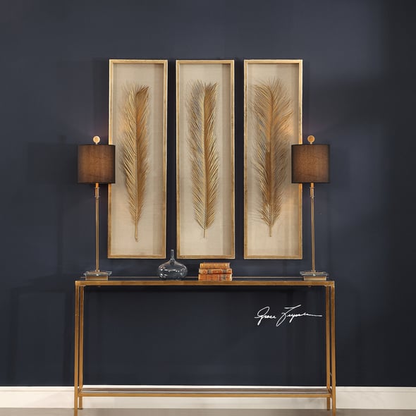 bathroom cabinet box Uttermost Shadow Box This Set Of 3 Shadow Box Art Features Gold Finished Sago Palm Leaf Replicas, Set On A Neutral Linen Background With Hand Applied Gold Leaf Frames.
