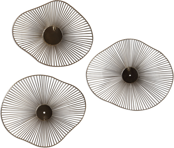 contemporary art deco interior design Uttermost Metal Wall Art This Contemporary Set Of 3 Metal Wall Art Features 3-dimensional Organically Curved Shapes With Radiating Metal Spokes, Finished In A Plated Gold With Mirrored Center Accents.