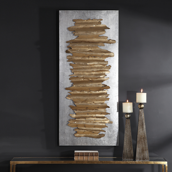 bronze framed wall art Uttermost Metal Wall Art Iron Wall Art Featuring Layers Of Metal Strips With Crude Edging, Finished In An Antique Gold Leaf And Set On A Distressed Silver Leaf Iron Backing. May Be Hung Horizontal Or Vertical.