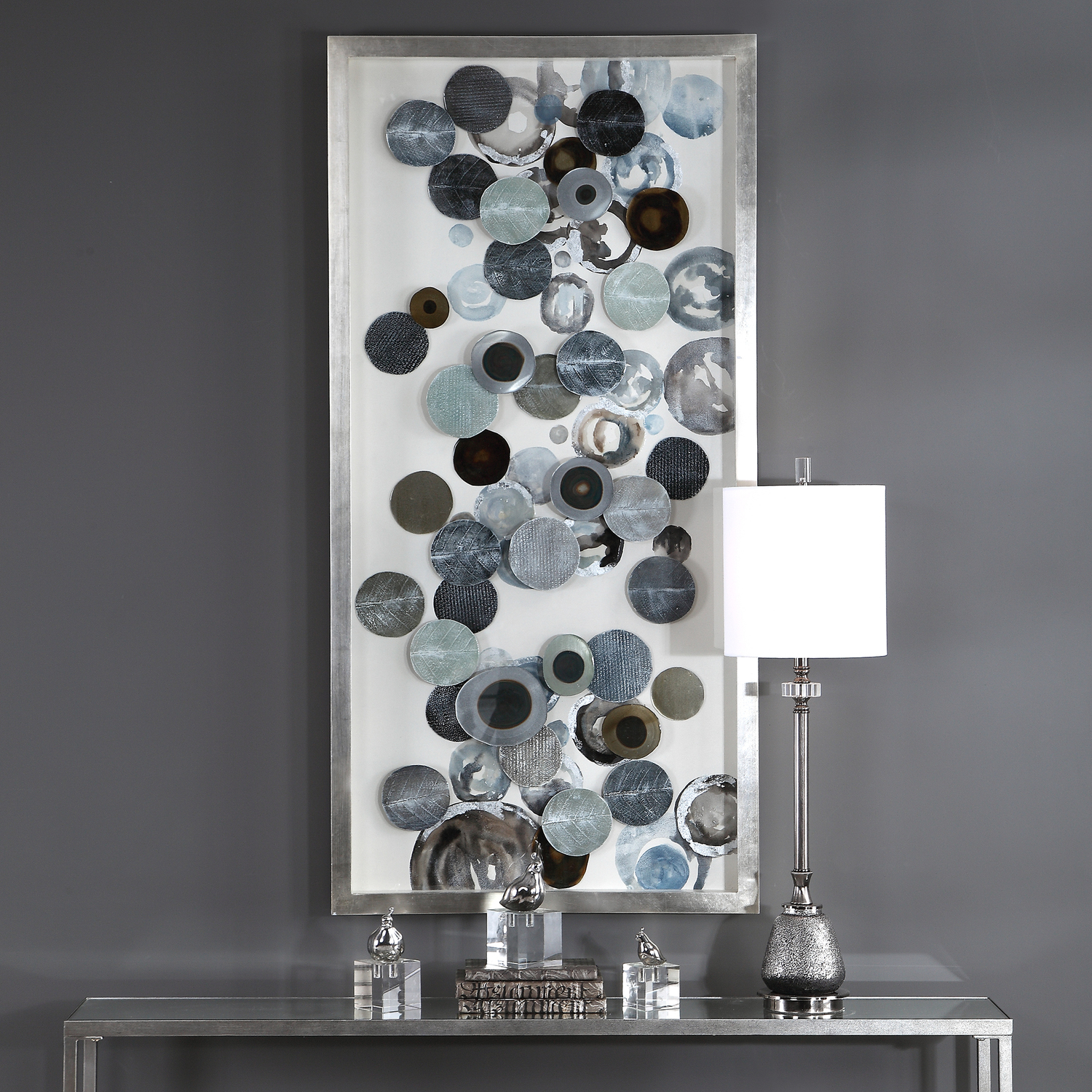 bath shower box Uttermost Shadow Box Abstract In Design, This Art Features Overlapping, Blow Torched Iron Discs With Hand Painted Acrylic Accents In Tones Of Silver, Brown, Blue, And Green. The Art Is Under Glass And Is Encased By A Lightly Antiqued Silver Leaf Shadow Box. May Be Hung Horizontal Or Vertical.
