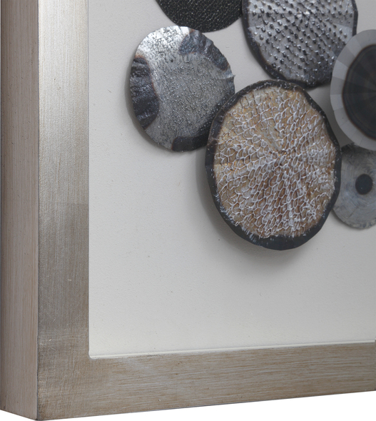 bath shower box Uttermost Shadow Box Abstract Wall Art Features Overlapping, Blow Torched Textured Iron Discs In Tones Of Silver, Charcoal, Rust, Blue, And Green. The Art Is Under Glass And Is Encased By A Lightly Antiqued Silver Leaf Shadow Box. May Be Hung Horizontal Or Vertical.