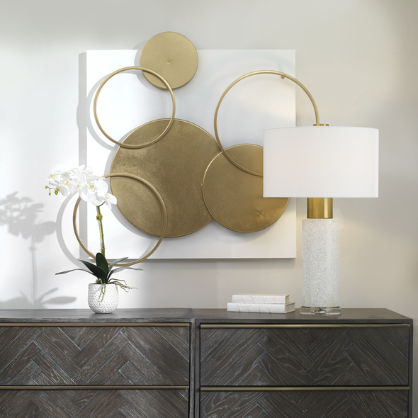 wall hanging for entrance Uttermost Metal Wall Art Constructed From Solid Iron, This Elegant Metal Wall Panel Is Finished In Matte White With Elegant Circular Accents Finished In Gold Leaf.