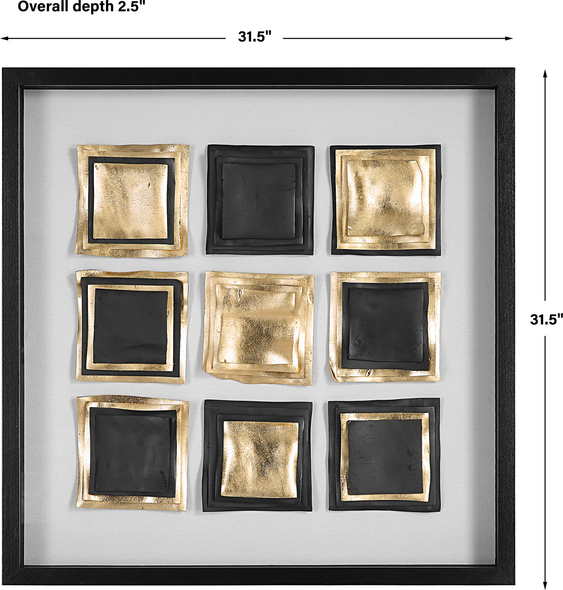 buddha wall mural Uttermost Framed Wall Art Displaying A Modern Yet Timeless Look, This Wall Art Showcases Handmade Clay Squares Stacked In Varying Layers Of Gold Leaf And Satin Black. A Linen Backing Accents The Design And Is Paired With A Solid Pine Wood Shadow Box Frame In Ebony. May Be Hung Four Ways.