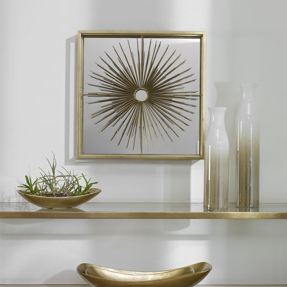 modern mirrors for sale Uttermost Mirrored Wall Art Petite Iron Frame Finished In Antique Brushed Brass Displays A Mirrored Interior, Accented By A Striking 3-dimensional Iron Starburst Motif.