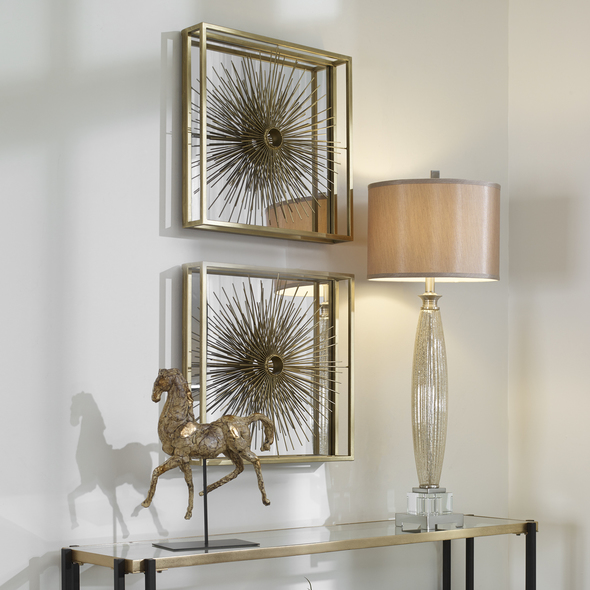 modern mirrors for sale Uttermost Mirrored Wall Art Petite Iron Frame Finished In Antique Brushed Brass Displays A Mirrored Interior, Accented By A Striking 3-dimensional Iron Starburst Motif.