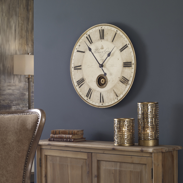 living room decor clock Uttermost Wall Clocks Weathered Laminated Clock Face With Brass Center Components And Internal Pendulum. Quartz Movement Ensures Accurate Timekeeping. Requires One "AA" Battery.