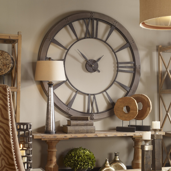 a big wall clock Uttermost Wall Clocks Dark Rustic Bronze Accented With A Rust Gray Frame. Quartz Movement Ensures Accurate Timekeeping. Requires One "AA" Battery. Steve Kowalski