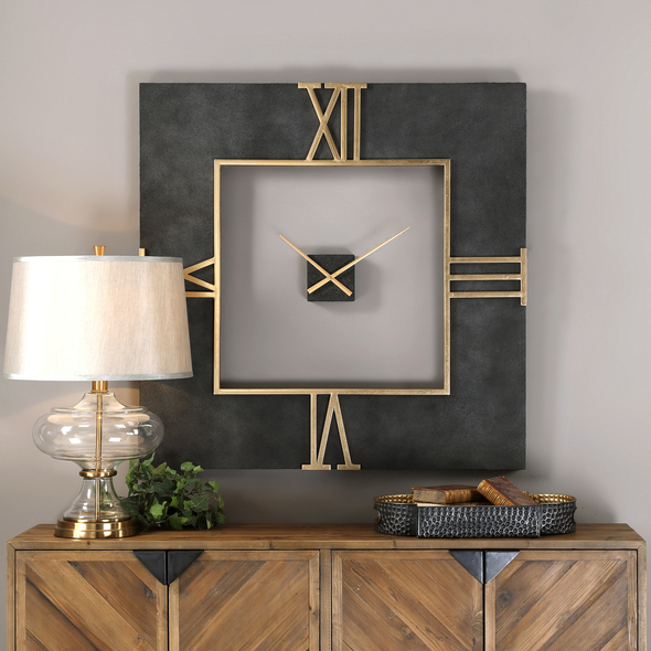 bedroom clock design Uttermost Concrete Square Wall Clock Textured Black Concrete With Lightly Antiqued Gold Leaf Accents. Quartz Movement Ensures Accurate Timekeeping. Requires One "AA" Battery.