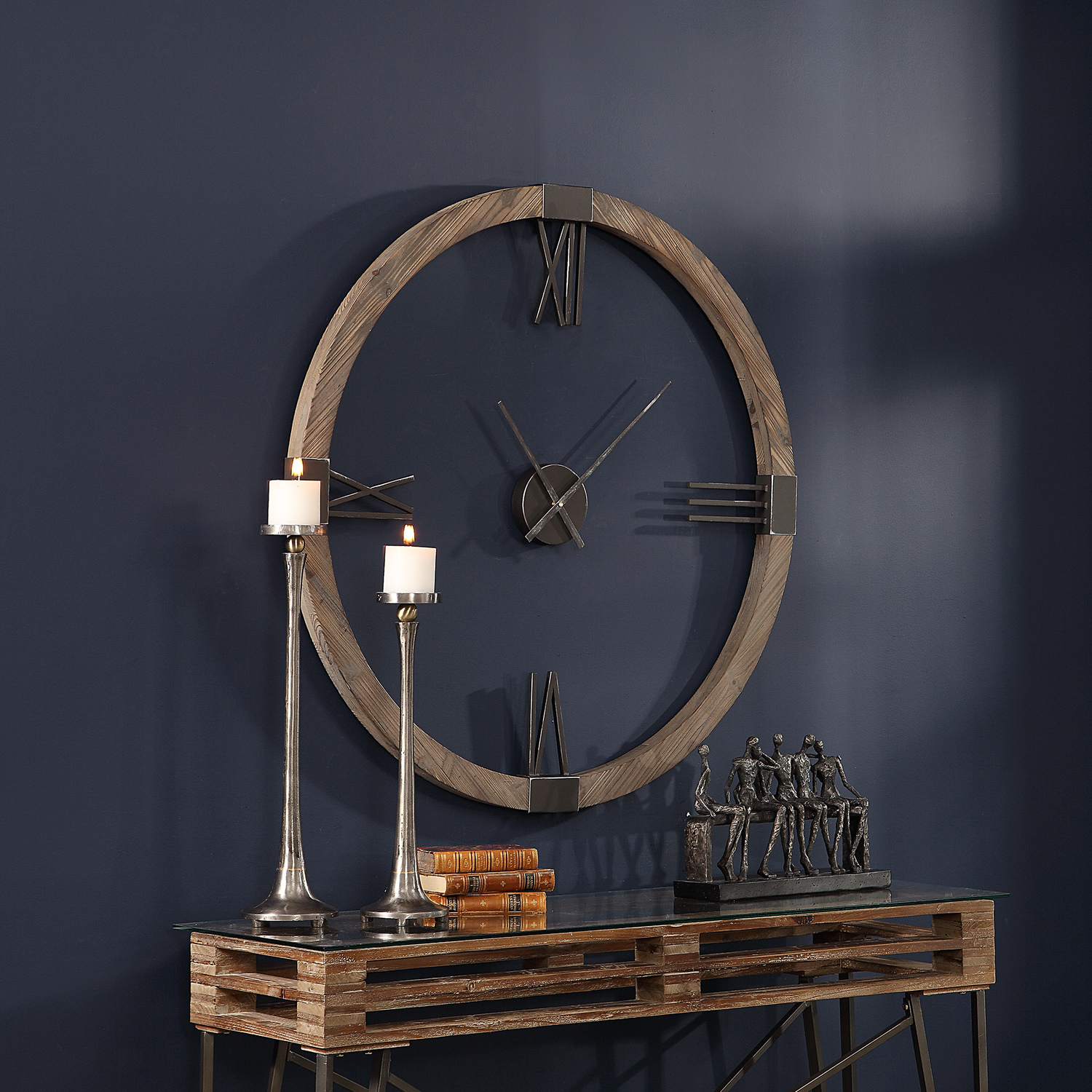 wall clock Uttermost Modern Wall Clock Natural Stained, Fir Wood Clock Frame With Hand Forged, Aged Iron Roman Numerals And Floating Center Dial. Quartz Movement Ensures Accurate Timekeeping. Requires One "AA" Battery.