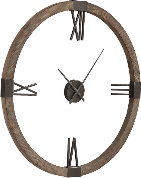 wall clock Uttermost Modern Wall Clock Natural Stained, Fir Wood Clock Frame With Hand Forged, Aged Iron Roman Numerals And Floating Center Dial. Quartz Movement Ensures Accurate Timekeeping. Requires One "AA" Battery.