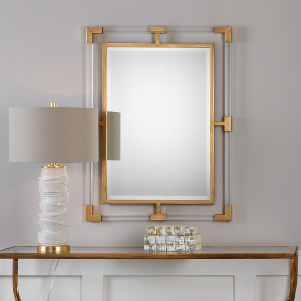 wooden frame design for mirrors Uttermost Modern Gold Wall Mirror Forged Iron Frame Finished In A Metallic Gold Leaf, Accented With Suspended, Clear Acrylic, Solid Square Bars.