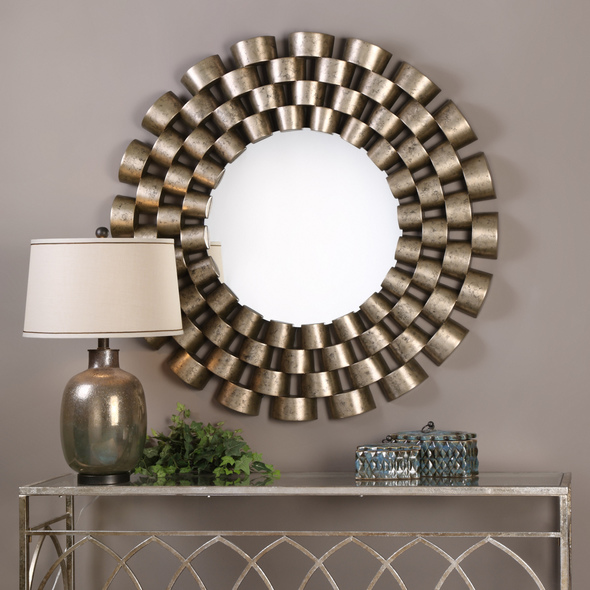 mirror frames for bathroom mirrors Uttermost Silver Leaf Round Mirror Three-dimensional Open Design Finished In A Lightly Antiqued Distressed Silver Leaf With Black Undertones.