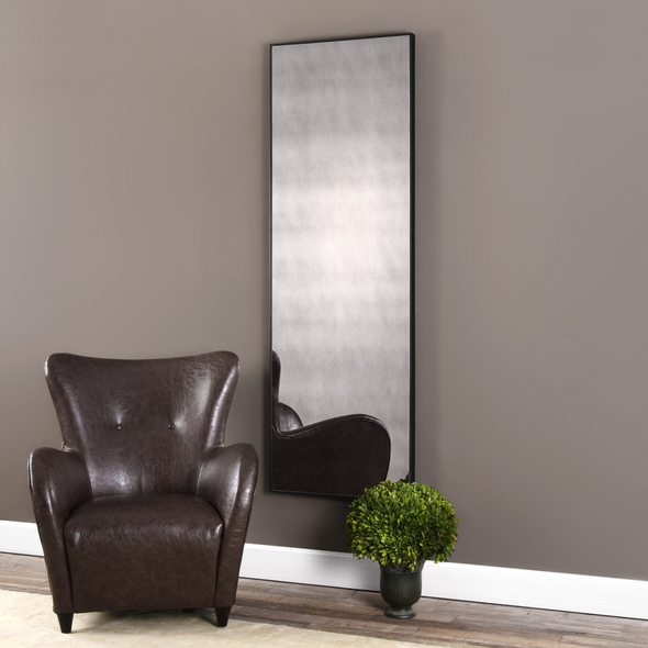 standing mirror modern Uttermost Oversized Narrow Wooden Frame Antiqued Mirror Petite, Aged Black, Strong Metal Frame Surrounding An Antique Style Mirror.