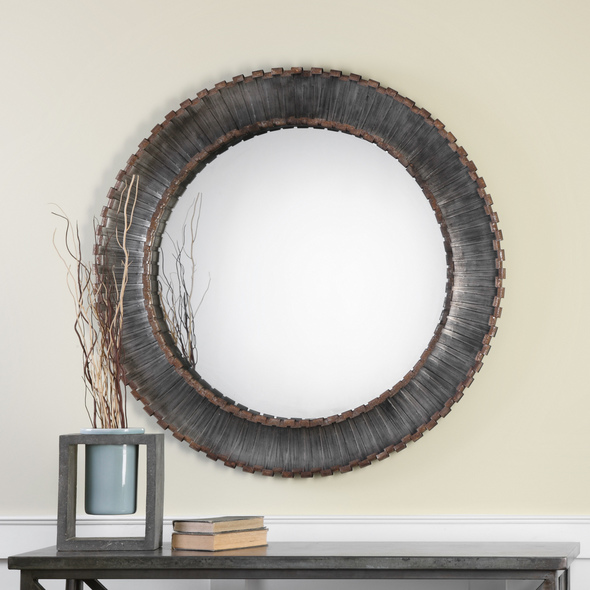 round mirror with wooden beads Uttermost Silver Round Mirror Hand Forged Strips Of Metal Curled At Both Ends And Finished In Metallic Silver With Black Dry Brushing And Rust Brown Edges.