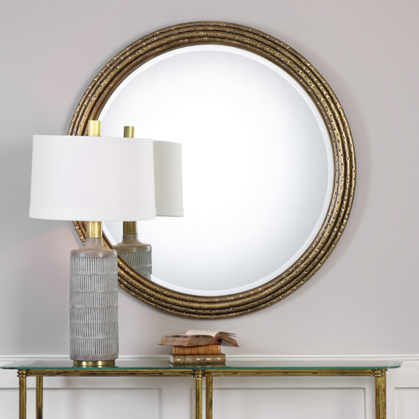unique contemporary mirrors Uttermost Round Gold Mirror Hand Forged Stacked Iron Rings Featuring A Hammered Surface, Finished In A Heavily Antiqued Gold.