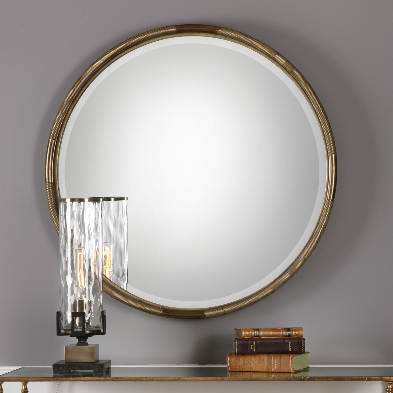 wood and mirror Uttermost Iron Coil Round Mirror Heavy Iron Coils Surround A Petite Flat Iron Inner Frame, All Hand Finished In A Lightly Antiqued Gold Leaf.