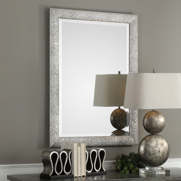 wall decor ideas mirrors Uttermost Metallic Silver Mirror Solid Wood Frame Featuring An Embossed Wavy Texture, Finished In A Metallic Silver With A Light Gray Wash.
