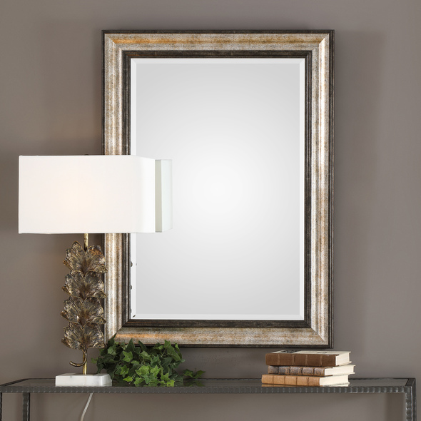 home goods framed mirrors Uttermost Antiqued Silver Mirror Sharply Sloped Design With A Nicely Curved Outer Edge, Finished In A Two Tone Antiqued Metallic Silver And Rustic Dark Bronze.