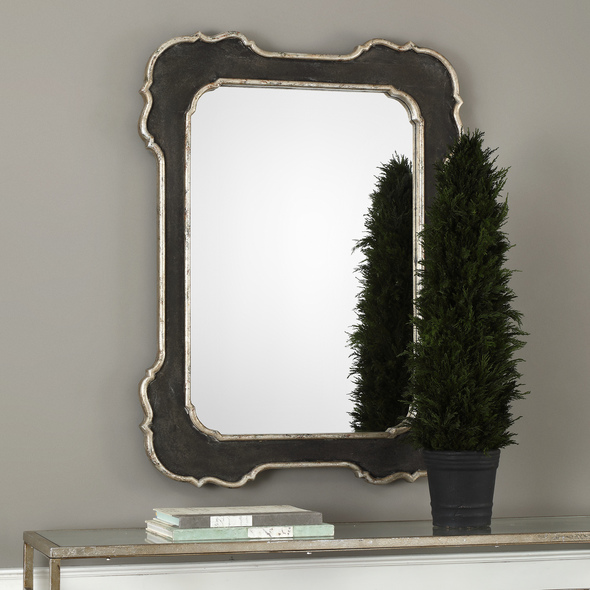 freestanding floor mirror Uttermost Aged Black Mirror This Decorative Solid Wood Frame Features A Textured Aged Black Finish, Accented With Raised, Antiqued Silver Leafed Inner And Outer Curved Edges.