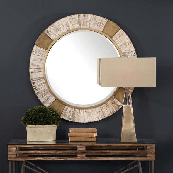 bathroom mirror design modern Uttermost Round Gold Mirror This Round Mirror Has Modern Style Elements Mixed With Rustic Flair That Create An Elevated Design. An Iron Frame Finished In A Heavily Antiqued Metallic Gold Is Combined With Raised Solid Fir Wood Panels That Feature A Heavily Distressed Aged Whitewash. This Piece Has A Generous 1 1/4" Bevel.