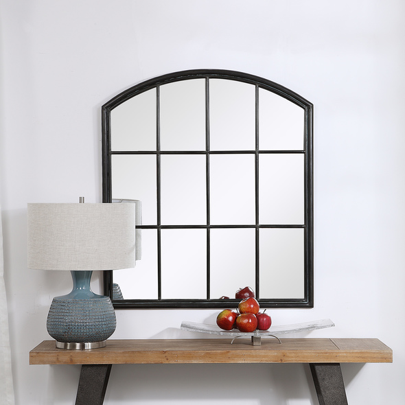 round decorative mirrors for living room Uttermost Aged Black Arch Mirror This Arch Top, Window Inspired Mirror Was Created Using Handcrafted Iron That Is Finished In A Rustic Aged Black Accented With Light Gray Distressing.