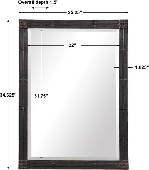 tall framed wall mirror Uttermost  Vanity Mirror Crafted From Hand Forged Iron, This Rectangular Mirror Features Raised Geometric Detailing Finished In A Rustic Aged Black With Subtle Silver Highlights And A Gray Patina Wash. The Mirror Is Surrounded By A Generous 1 1/4" Bevel And May Be Hung Horizontal Or Vertical.