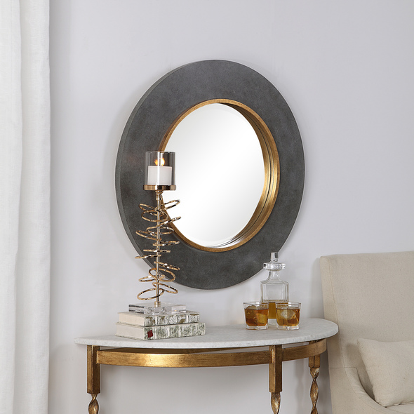 bathrooms with oval mirrors Uttermost  Round Mirror This Round Mirror Features A Sleek, Solid Wood Constructed Outer Frame That Is Finished In Mottled Charcoal Concrete Look, Accented With A Raised Antique Gold Inner Ledge. The Mirror Incorporates A 1" Bevel.