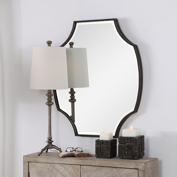 modern victorian mirror Uttermost  Scalloped Mirror This Unique Metal Mirror Features Scalloped Corner Detailing, Finished In A Dark Rustic Bronze With Gold Highlights And An Aged Gray Wash. A Considerable 1 1/4" Bevel Surrounds The Mirror.