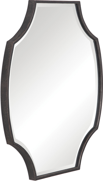 modern victorian mirror Uttermost  Scalloped Mirror This Unique Metal Mirror Features Scalloped Corner Detailing, Finished In A Dark Rustic Bronze With Gold Highlights And An Aged Gray Wash. A Considerable 1 1/4" Bevel Surrounds The Mirror.