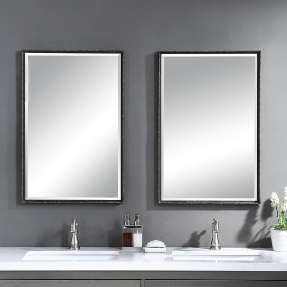 home goods leaner mirror Uttermost Vanity Mirror This Simple Vanity Mirror Features An Iron Construction With Detailed Edges. The Slight Profile Frame Is Finished In A Distressed Rustic Black With Aged Champagne Highlights. This Mirror May Be Hung Horizontal Or Vertical.