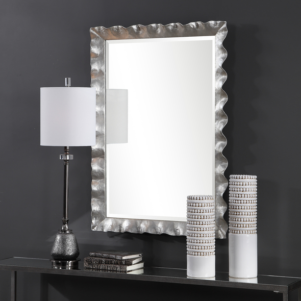 contemporary wood mirror Uttermost Vanity Mirror This Mirror Features A Hand Forged Metal Frame Finished In Silver Leaf With An Organic, Scalloped Edge Design. A Generous 1 1/4" Bevel Is Added To This Piece, Which May Be Hung Horizontal Or Vertical.