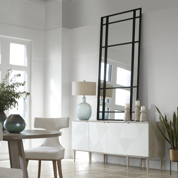 wood mirror bathroom Uttermost Leaner Mirror This Oversized Mirror Features A Heavy Iron Frame With Deep Channels Inspired By Old Warehouse Windows, Finished In Satin Black. May Be Hung Horizontal Or Vertical.