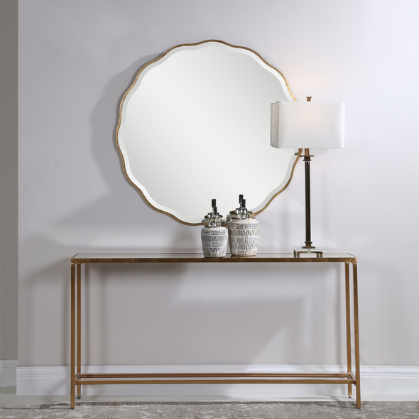 bathrooms with oval mirrors Uttermost Gold Round Mirror Showcasing A Feminine Scalloped Edge, This Shaped Wood Mirror Adds Whimsical Flair To Any Design. The Mirror Is Finished In Aged Gold And Has A 1 1/4" Bevel.