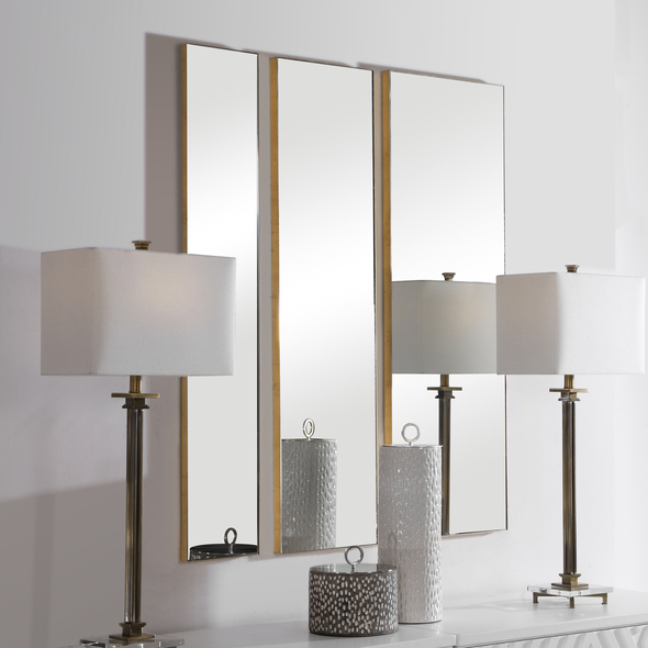 furniture with mirror Uttermost Gold Mirror This Set Of Three Mirrors Showcase Simple, Clean Lines With Gold Leaf Finished Metal Profile Frames. Each Mirror May Be Hung Horizontal Or Vertical, Allowing For Multiple Modern Display Options. Sizes: S-8"x47", M-12"x47", L-16"x47"