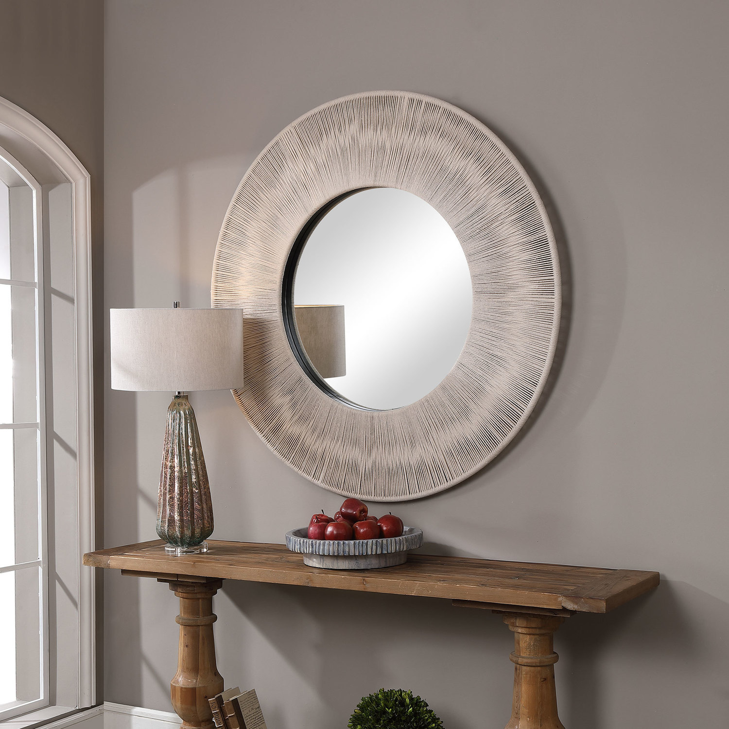 oval tall mirror Uttermost Round Mirror With Combined Natural Texture And Materials, This Round Mirror Pays Homage To Its Coastal Inspiration. Neutral Beige Rope Is Stretched Over A Solid Iron Frame To Create A Casual And Versatile Design.