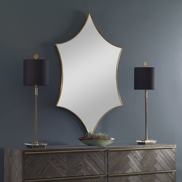 round accent mirror Uttermost Gold Mirror Perfect For An Entryway Or A Stunning Over The Sofa Display, This Transitional Mirror Features A Uniquely Shaped Stainless Steel Frame Finished In Classic Brushed Gold. May Be Hung Horizontal Or Vertical.
