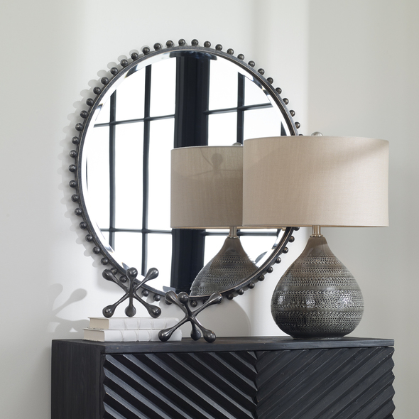 design mirror in living room Uttermost Round Iron Mirror Petite Iron Spheres Line The Outer Edge Of This Round Frame, Finished In A Distressed Black With Silver Highlights And A Light Gray Glaze. Mirror Features A Generous 1 1/4" Bevel.