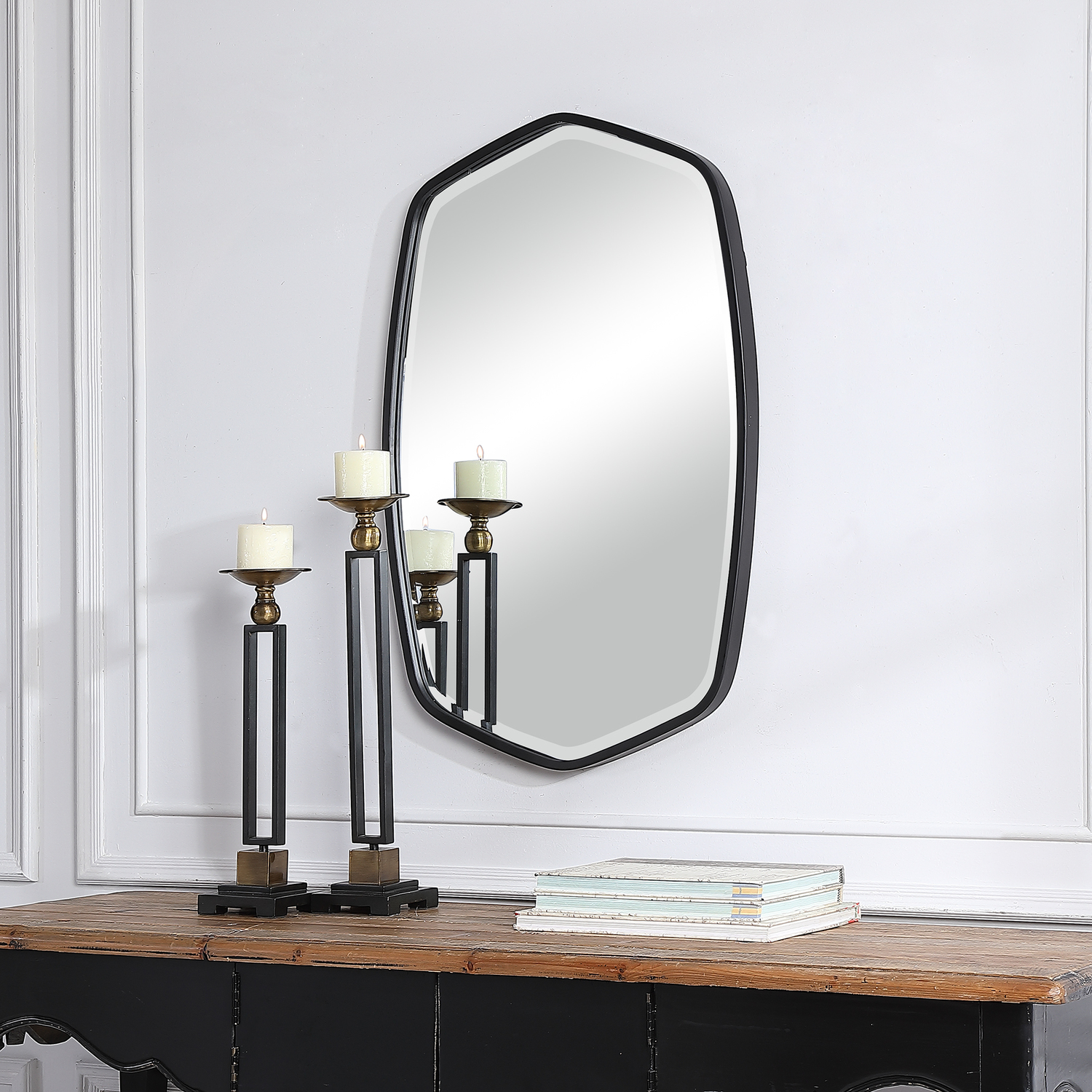 decorative mirror lights Uttermost Black Iron Mirror This Hand Forged Iron Mirror Frame Features A Unique Shape With Elegant Curves, Finished In A Streamlined Satin Black. Mirror Has A Generous 1 1/4" Bevel.