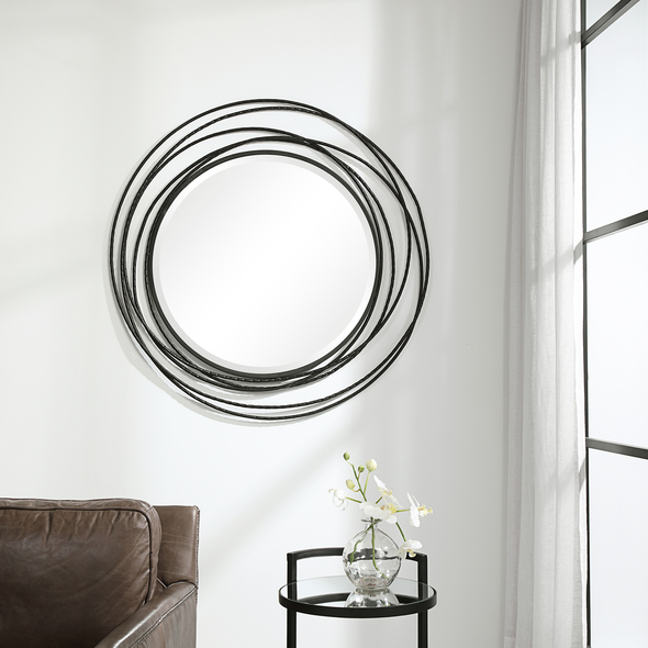 mirror wall decor living room Uttermost Black Iron Round Mirror Hand Forged Iron Coils, Finished In A Satin Black, Accented With A Subtle Hammered Texture. Mirror Features A Generous 1 1/4" Bevel.