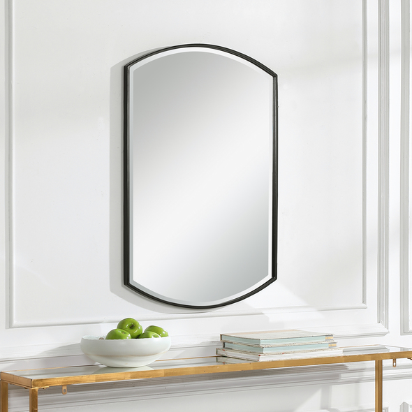 mirror design for home Uttermost Shield Shaped Iron Mirror Simple Yet Versatile, This Mirror Features A Curved Iron Frame With A Sleek Satin Black Finish And A Generous 1 1/4" Bevel.